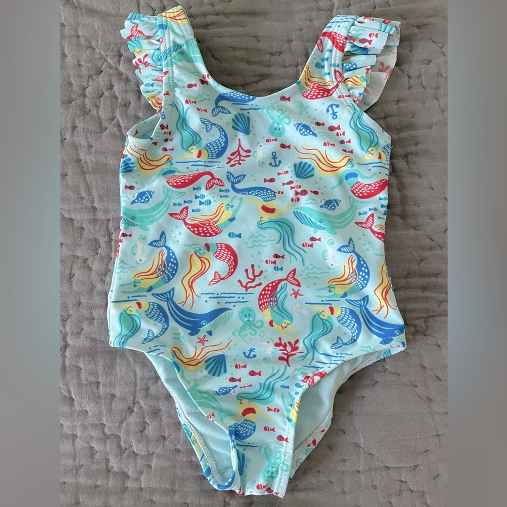 GAP Girls’ Swim One Piece Blue & Multicolor Mermaid Print Ruffle Straps Size 2Y